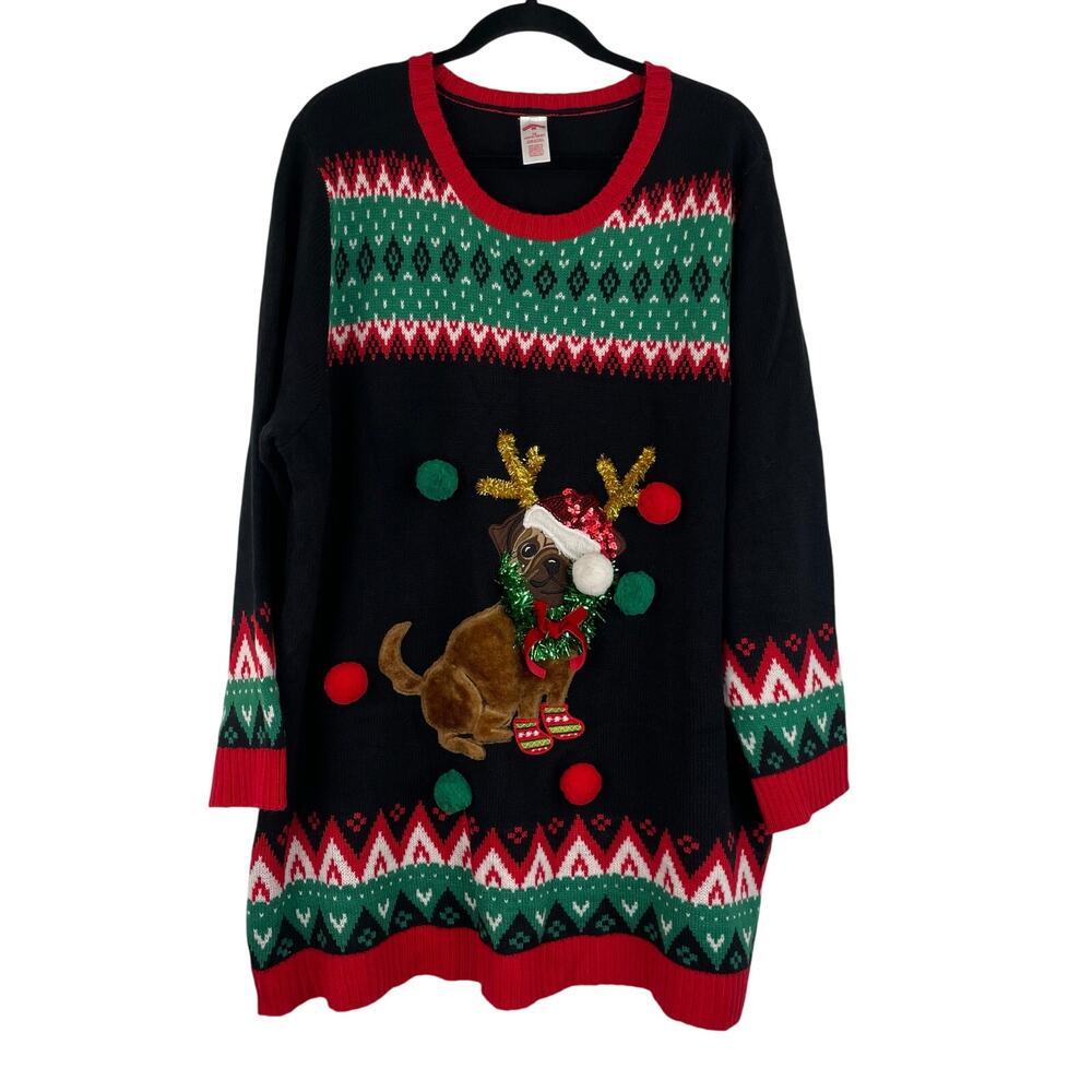 Holiday Time Christmas Ugly Knit Sweater Pug Doggie Women's Size 3X
